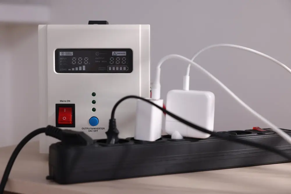 Компактний ДБЖ з дисплеєм (вхід 220 В, вихід 220 В, заряд акумулятора) та підключеними зарядками – приклад для розрахунку автономності UPS