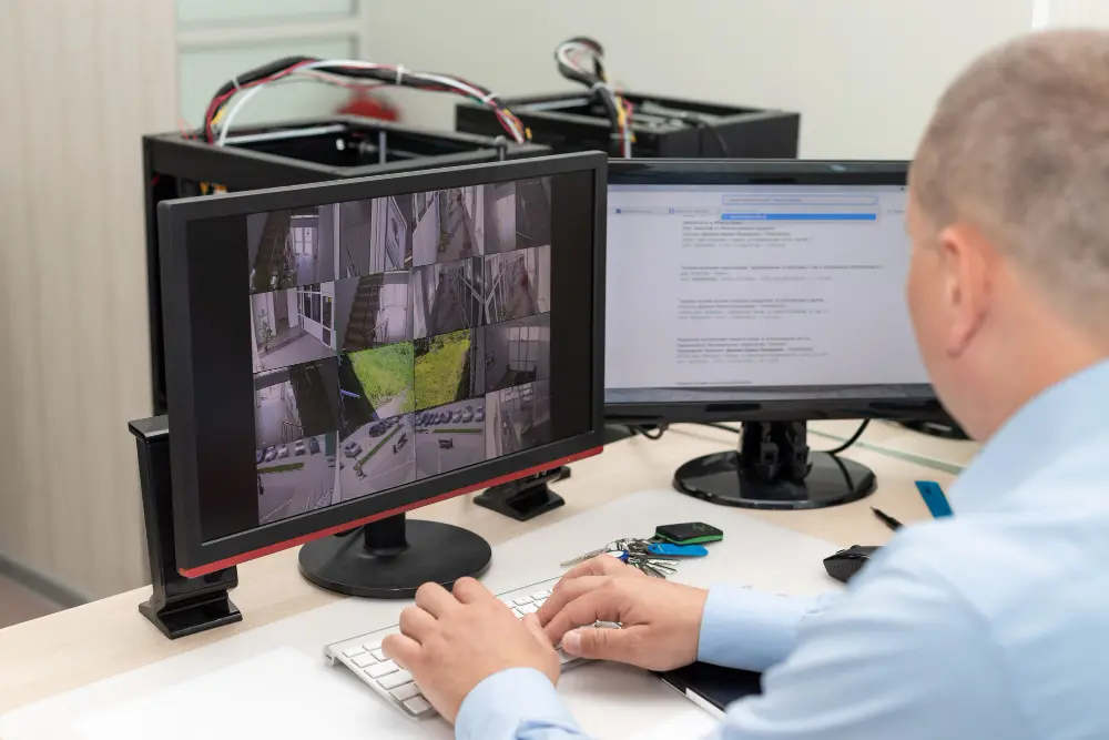 Охоронець за монітором з мультиекраном локального відеоспостереження без інтернету в офісі.