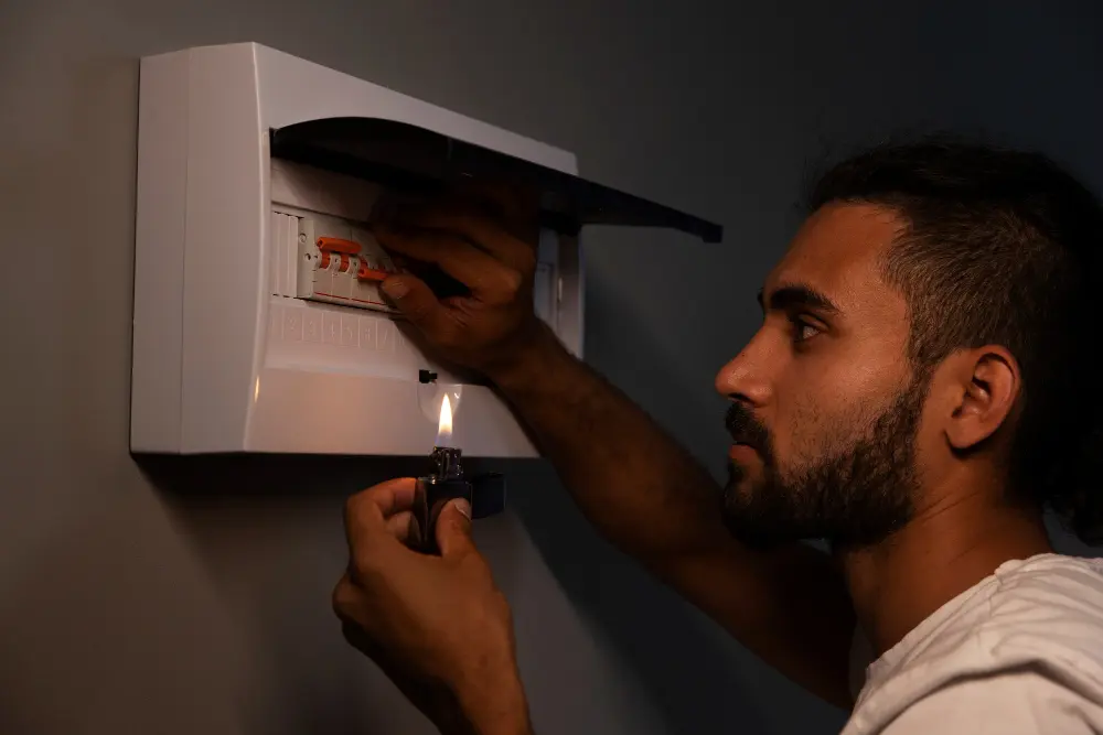 Чоловік перевіряє автоматичні вимикачі в щитку ДБЖ при свічці під час блекауту – ілюстрація до розрахунку автономності UPS