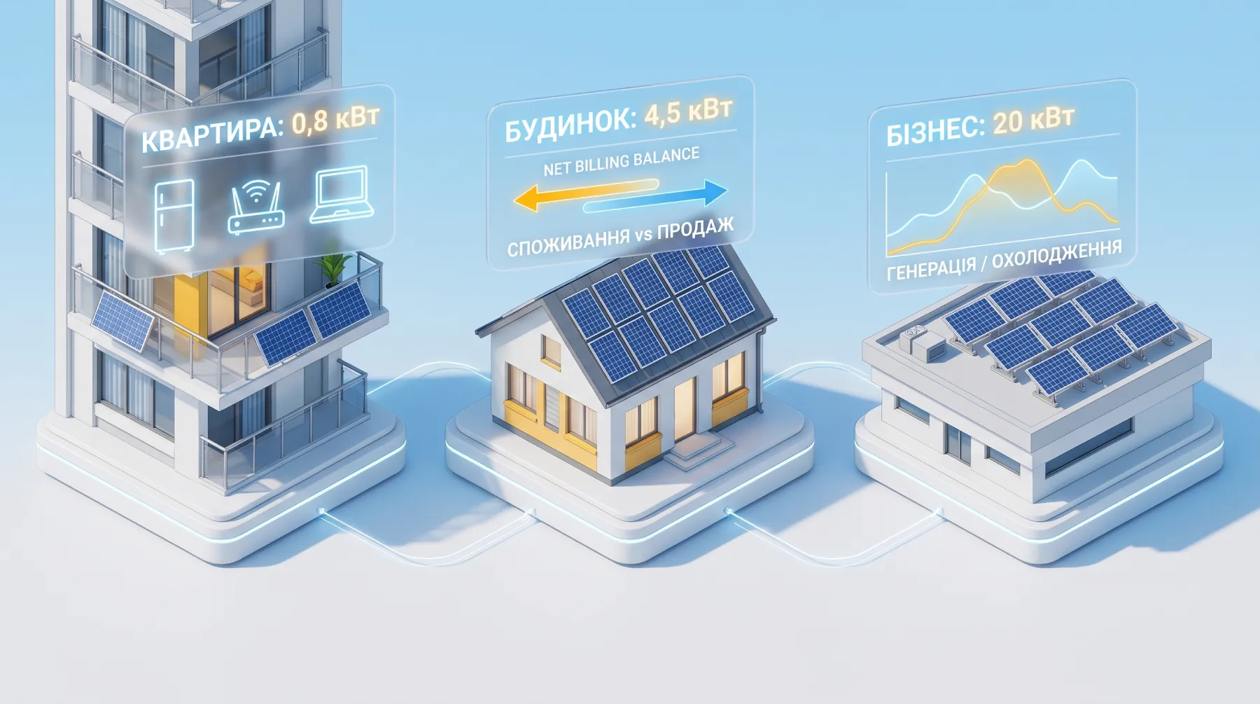 Три практических сценария установки солнечных панелей: микро-СЭС для квартиры (0,8 кВт), крышная станция для частного дома (4,5 кВт) и коммерческая система для бизнеса (20 кВт).
