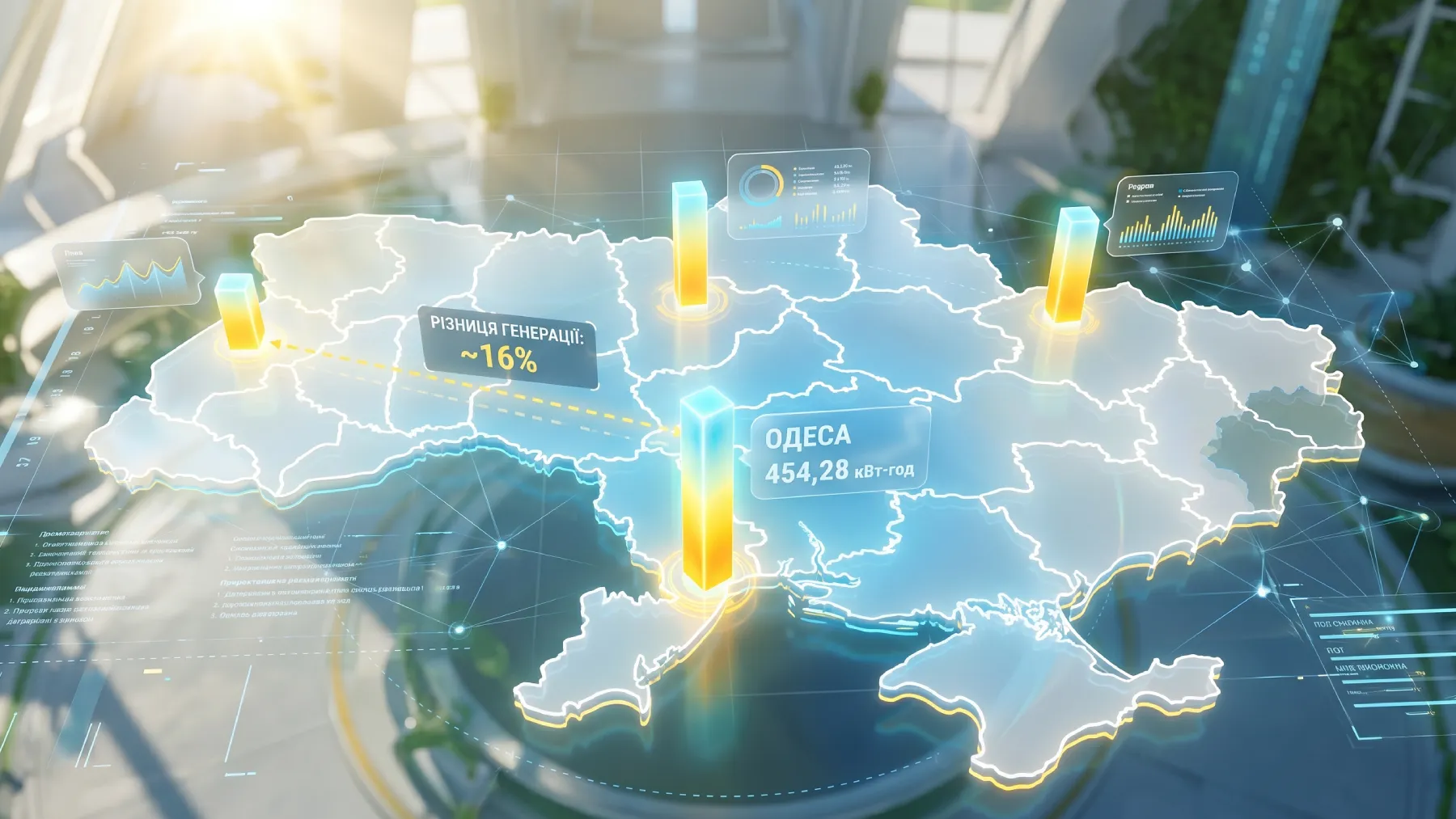 Энергетическая 3D-карта Украины: сравнение летней генерации солнечных панелей по регионам с самым высоким показателем в Одессе (454,28 кВт&middot;ч).
