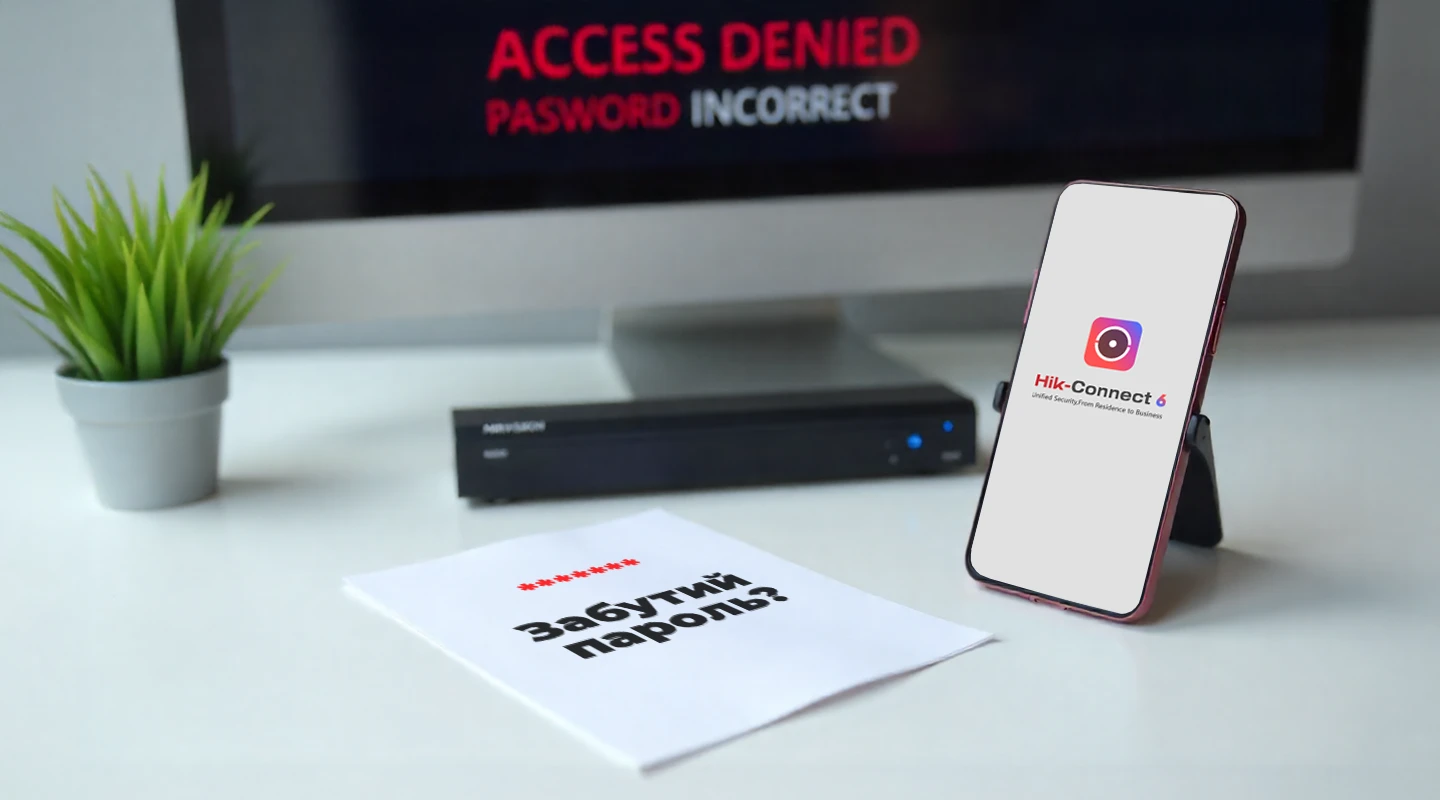 Ілюстрація: монітор з помилкою "ACCESS DENIED PASSWORD INCORRECT" червоним, пристрій Hikvision, смартфон з Hik-Connect 6, записка "Забули пароль?" з зірочками, рослина на столі.