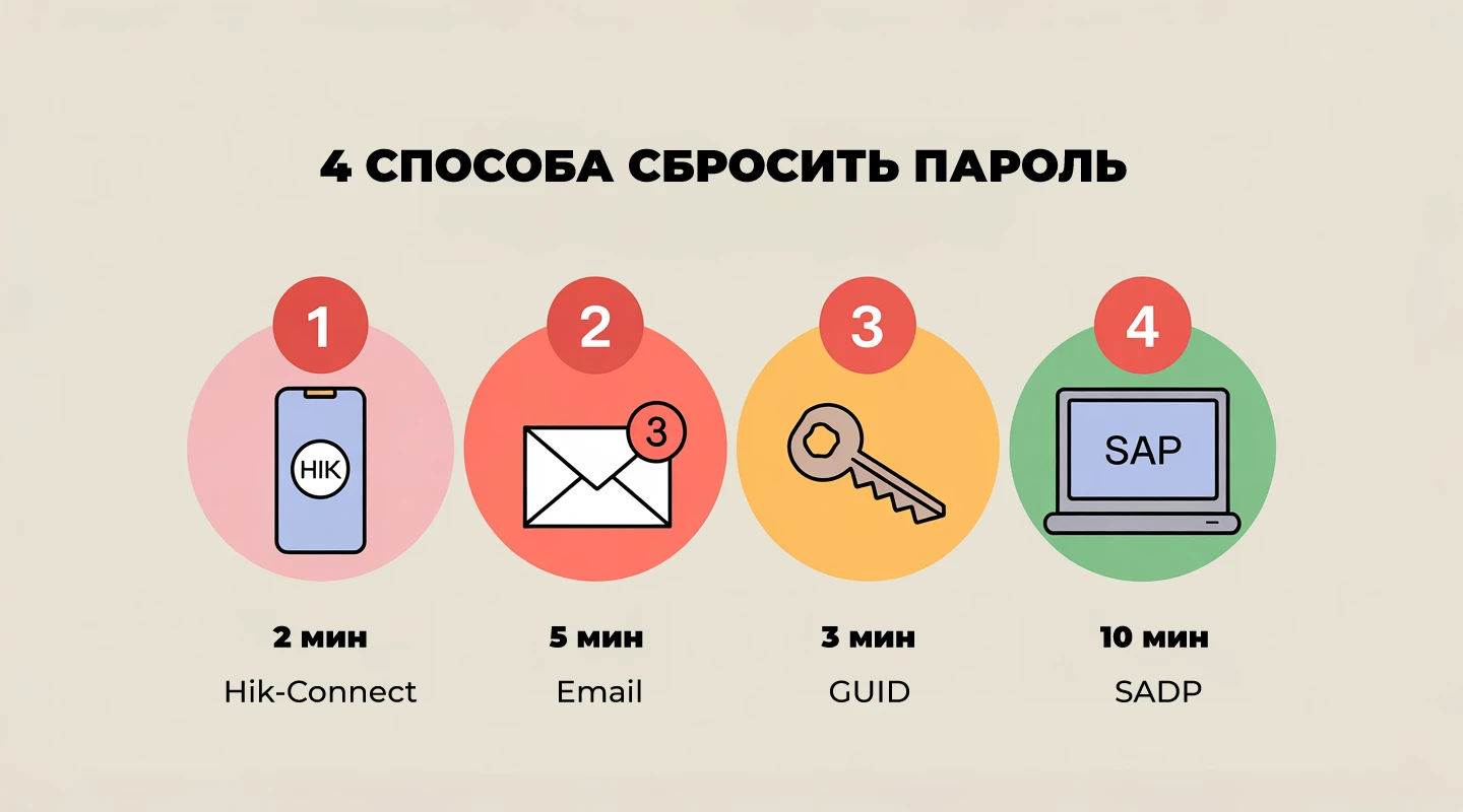 фографика: 4 способа сброса пароля для устройств Hikvision. 1: 2 мин через Hik-Connect на смартфоне. 2: 5 мин через email. 3: 3 мин через GUID. 4: 10 мин через SADP на ПК.