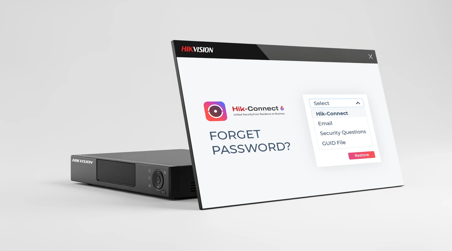 Ілюстрація: пристрій Hikvision з екраном "FORGET PASSWORD?" в Hik-Connect 6. Опції відновлення: Hik-Connect, Email, Security Questions, GUID File. Кнопка Restore.
