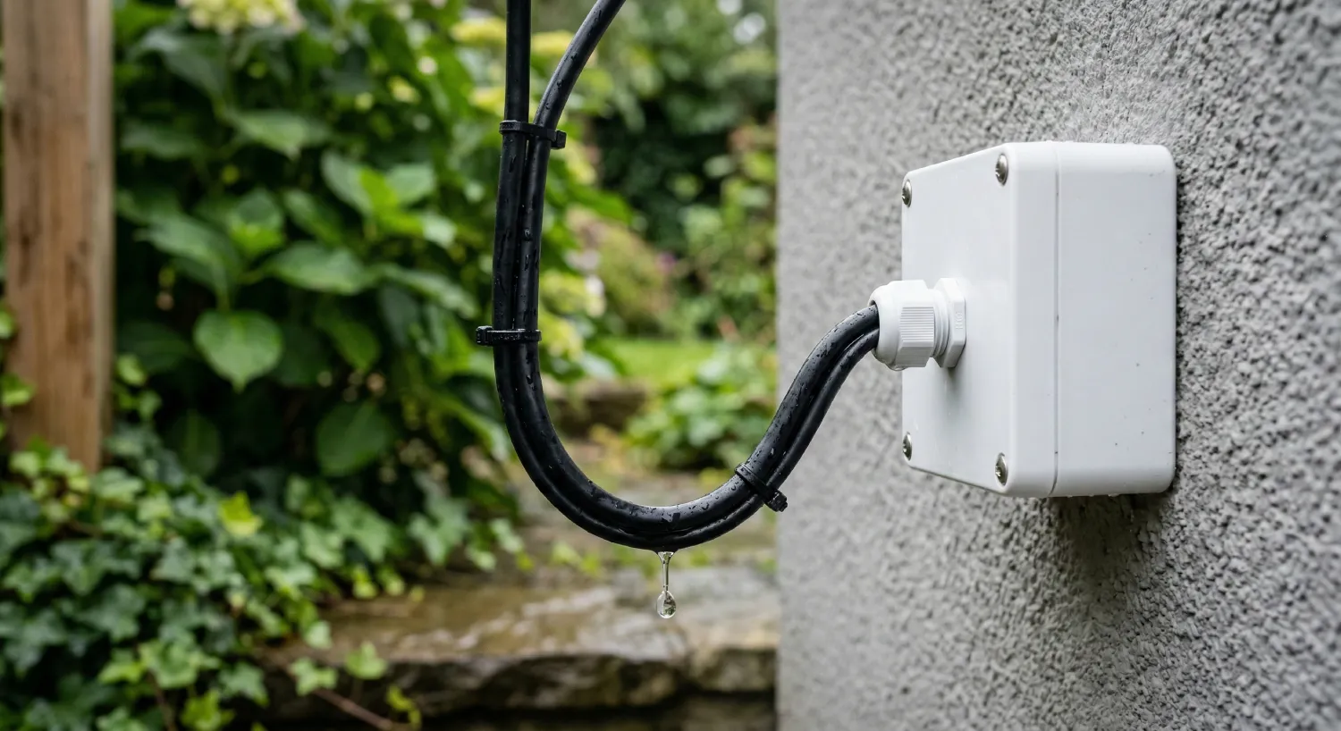 Правильное формирование U-образной петли (Drip Loop) на кабеле перед входом в монтажную коробку для защиты от затекания воды