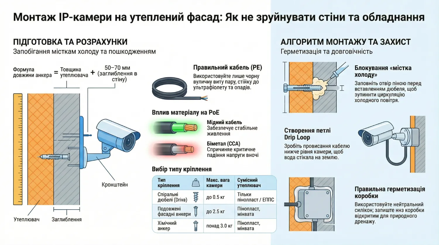 Детальная инфографика с алгоритмом монтажа IP-камеры на утепленный фасад: формула выбора анкера, типы креплений, схема Drip Loop и правила герметизации коробки