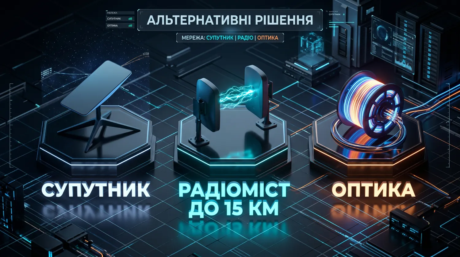 Інфографіка трьох альтернативних варіантів підключення інтернету для відеоспостереження у складних локаціях: супутниковий зв'язок Starlink, Wi-Fi радіоміст на відстані до 15 км та підключення через оптоволокно.