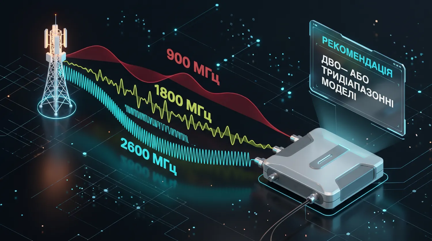Візуалізація основних частотних діапазонів 4G в Україні (900 МГц, 1800 МГц та 2600 МГц) із рекомендацією обирати дво- або тридіапазонні моделі репітерів для гарантованого підсилення сигналу незалежно від локації.
