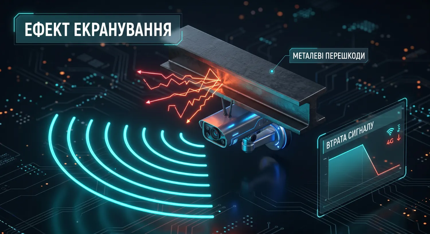 Схема екранування 4G-сигналу: порівняння стабільного з'єднання камери на дерев'яній поверхні та втрати зв'язку через розміщення під металевим дахом, який відбиває радіохвилі.