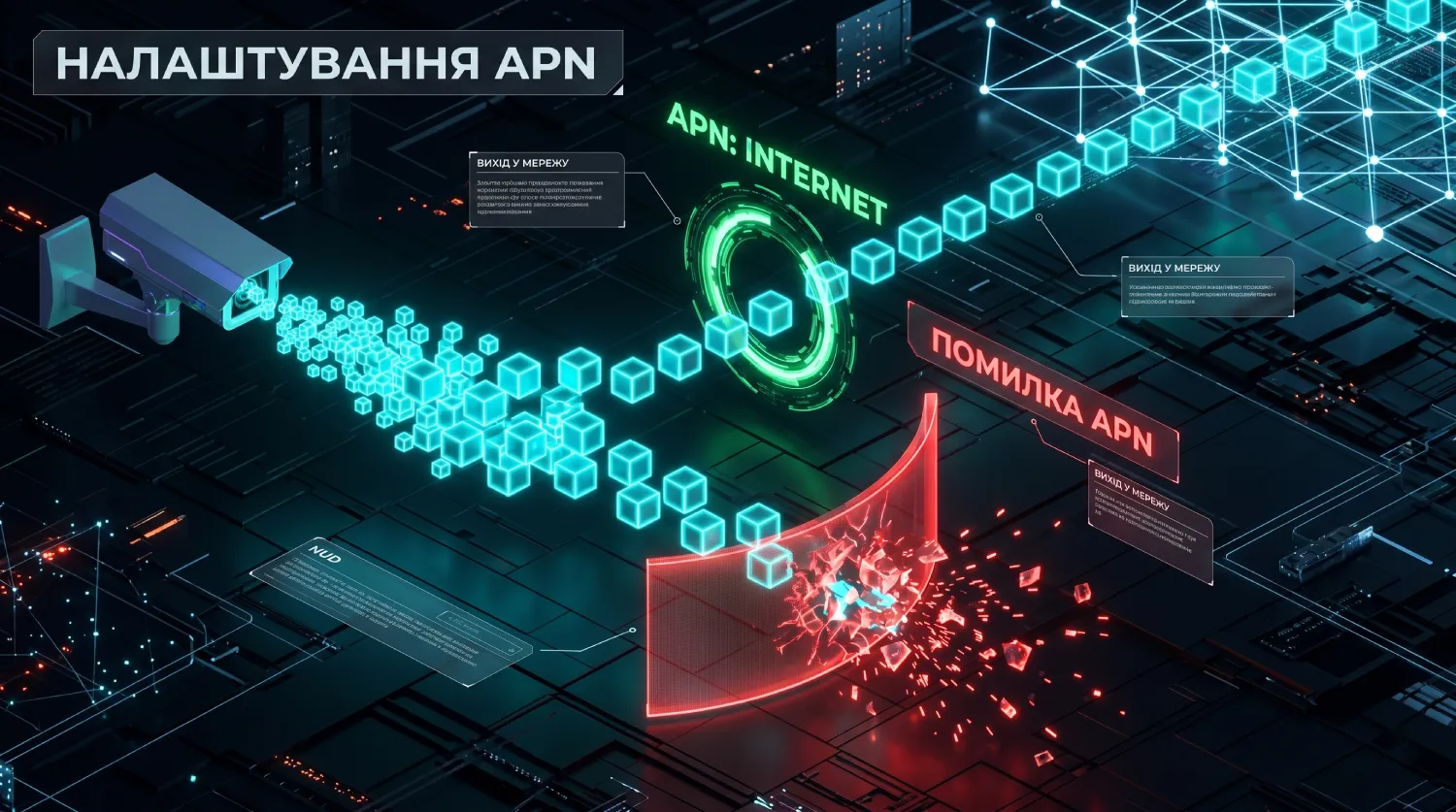 Схема роботи APN у 4G-камерах відеоспостереження: візуалізація успішного виходу потоку даних у глобальний інтернет через правильну точку доступу (internet) та блокування пакетів усередині мережі через помилку в налаштуваннях.