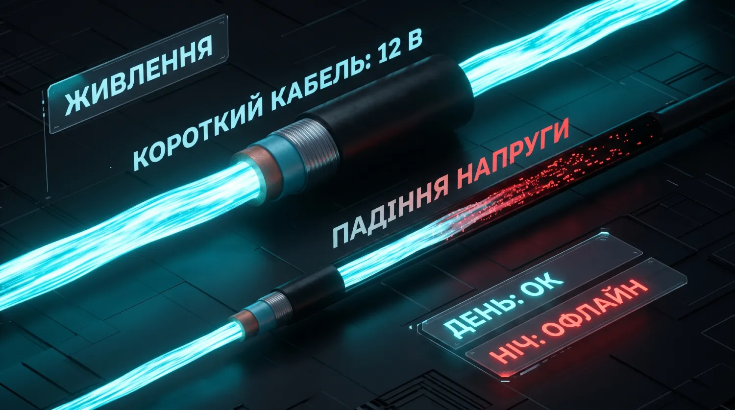 Схема живлення 4G-камери відеоспостереження: візуалізація стабільної передачі 12 В через короткий кабель та критичного падіння напруги на довгому тонкому проводі, що призводить до статусу офлайн вночі.