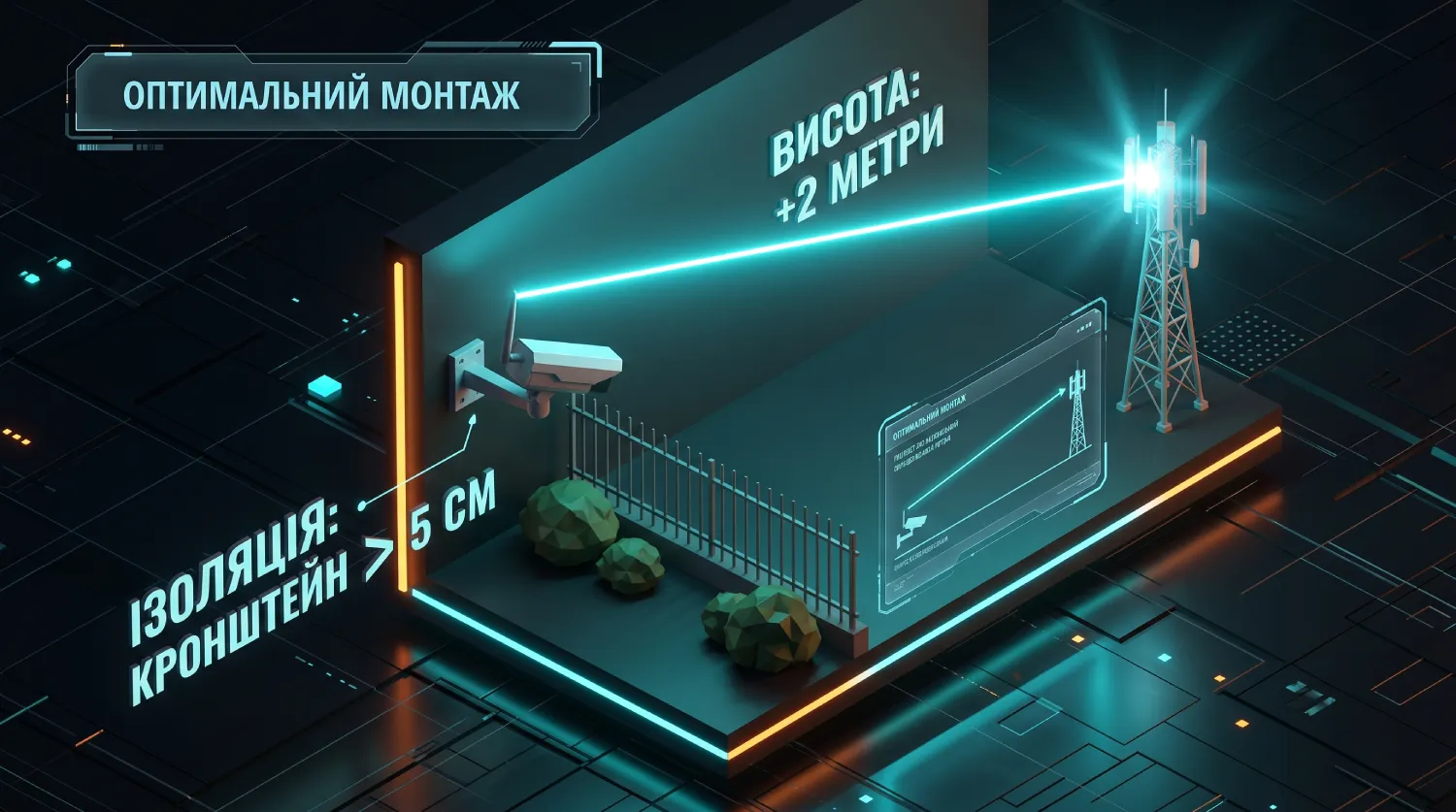 Схема правильного розміщення 4G-камери відеоспостереження: візуалізація оптимального монтажу з використанням ізолюючого кронштейна товщиною понад 5 см для уникнення відбиття сигналу та підняттям пристрою на висоту від 2 метрів для обходу наземних перешкод.