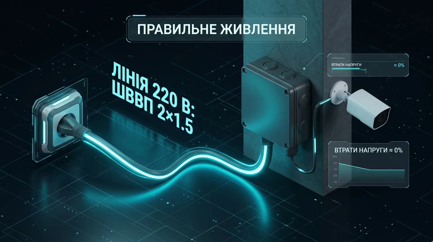Схема правильного підключення живлення 4G-камери відеоспостереження: візуалізація прокладання лінії 220 В захищеним кабелем ШВВП 2×1.5 мм² до монтажної коробки з блоком живлення біля пристрою, що зводить втрати напруги практично до нуля.