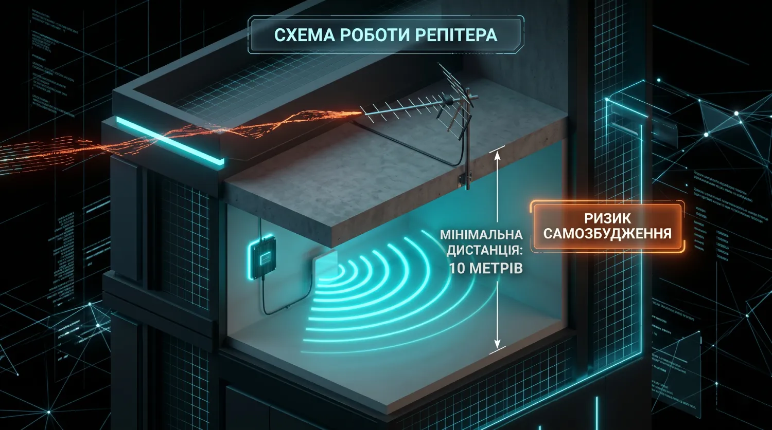 Принципова схема роботи репітера мобільного сигналу, що складається із зовнішньої антени, підсилювача та внутрішньої антени. На схемі показано необхідність дотримання дистанції не менше 10 метрів між антенами для уникнення ризику самозбудження системи.