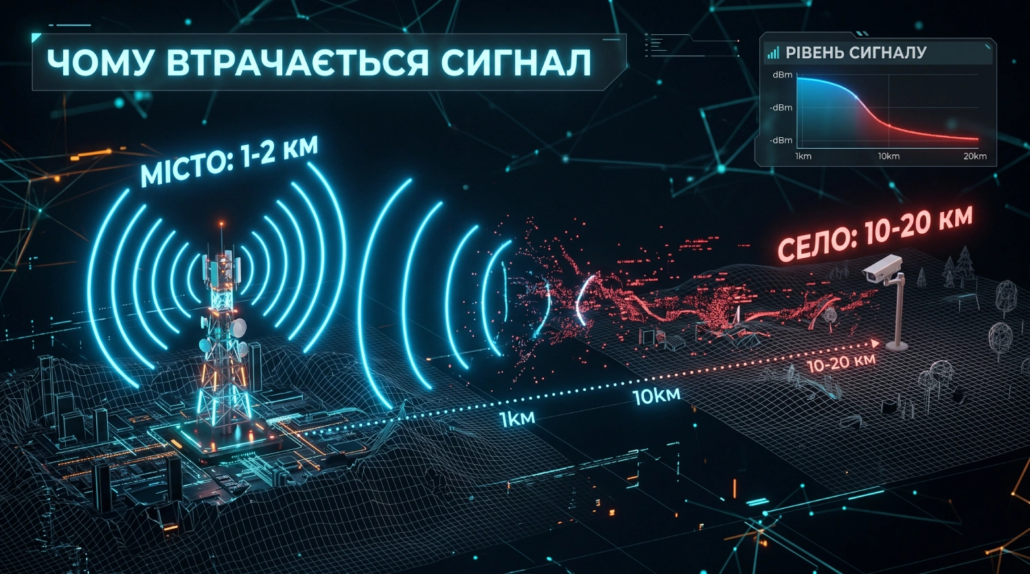 Інфографіка порівняння якості 4G-сигналу в місті (1-2 км від вежі) та в селі (10-20 км), що демонструє розсіювання радіохвиль на великій відстані.
