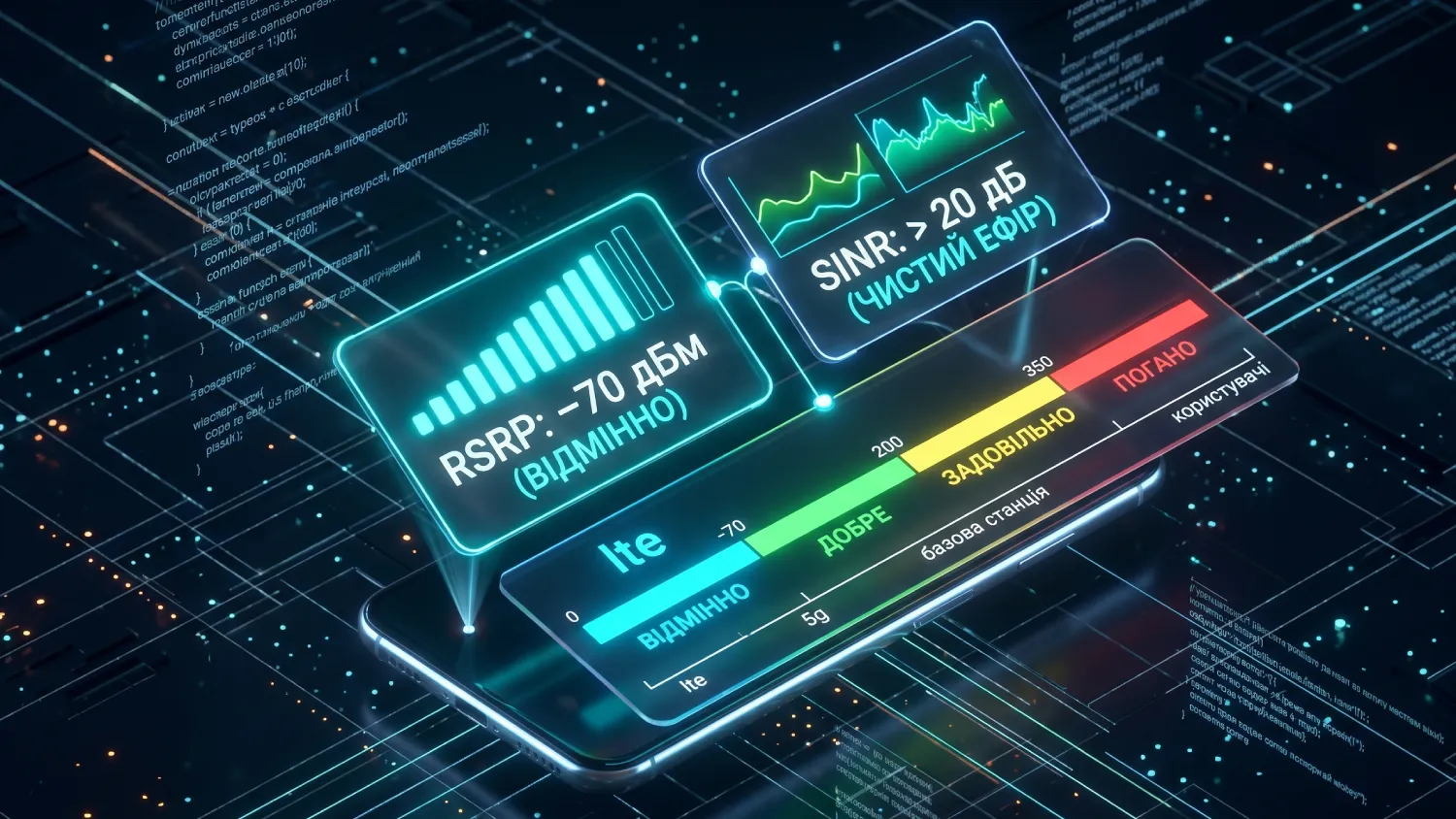 Візуалізація професійного вимірювання якості 4G-сигналу на смартфоні, що демонструє відмінні показники RSRP (-70 дБм) та SINR (> 20 дБ) для стабільної роботи відеоспостереження у форматі 2K/4K.