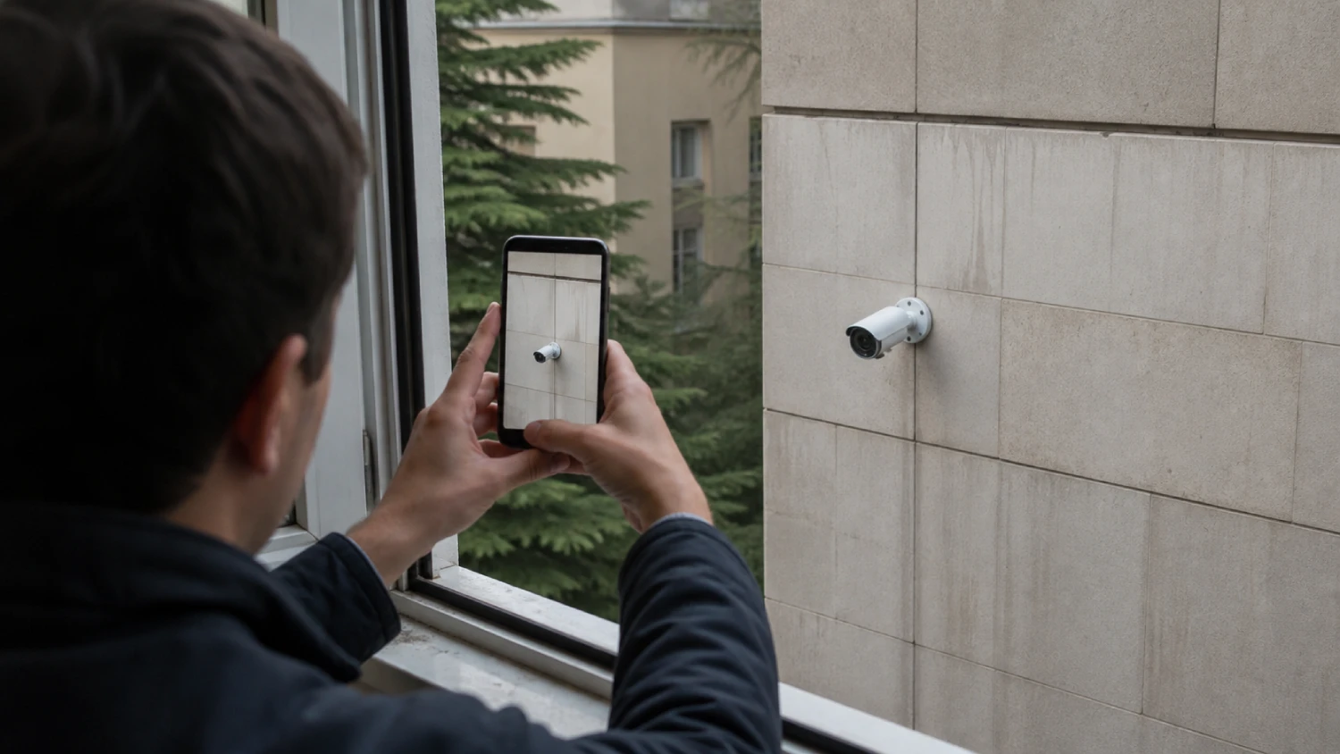Человек фотографирует на смартфон соседскую камеру из собственного окна, фиксируя доказательства ее направления