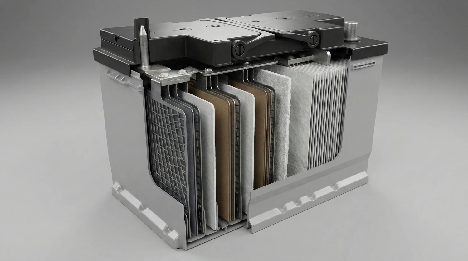 3D-технічна ілюстрація акумулятора AGM (Absorbent Glass Mat) у розрізі, що демонструє внутрішню структуру: свинцеві пластини, розділені білими сепараторами з мікропористого скловолокна. Вигляд у сірому корпусі на нейтральному фоні.
