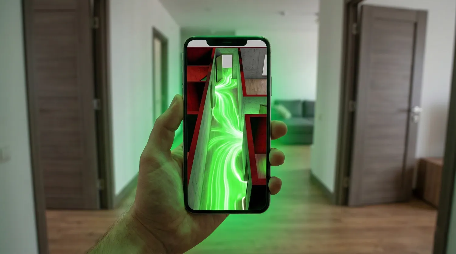 AR-візуалізація Wi-Fi на смартфоні: зелений сигнал тече коридором, стіни блокують його