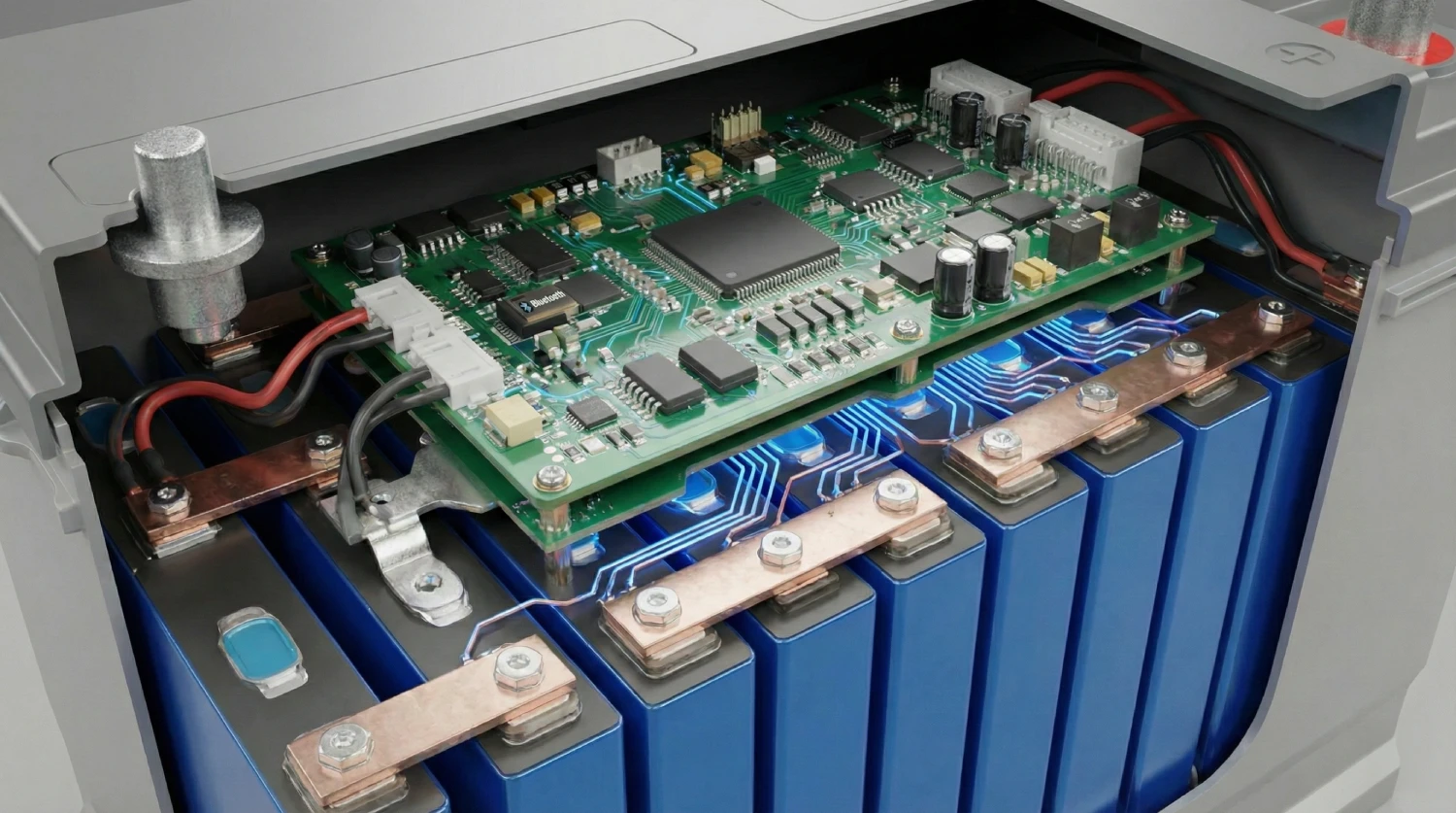 Макрофотографія плати BMS (Battery Management System) всередині акумулятора LiFePO4. Наочна ілюстрація мікропроцесорного керування, балансування осередків та системи захисту літієвої батареї.