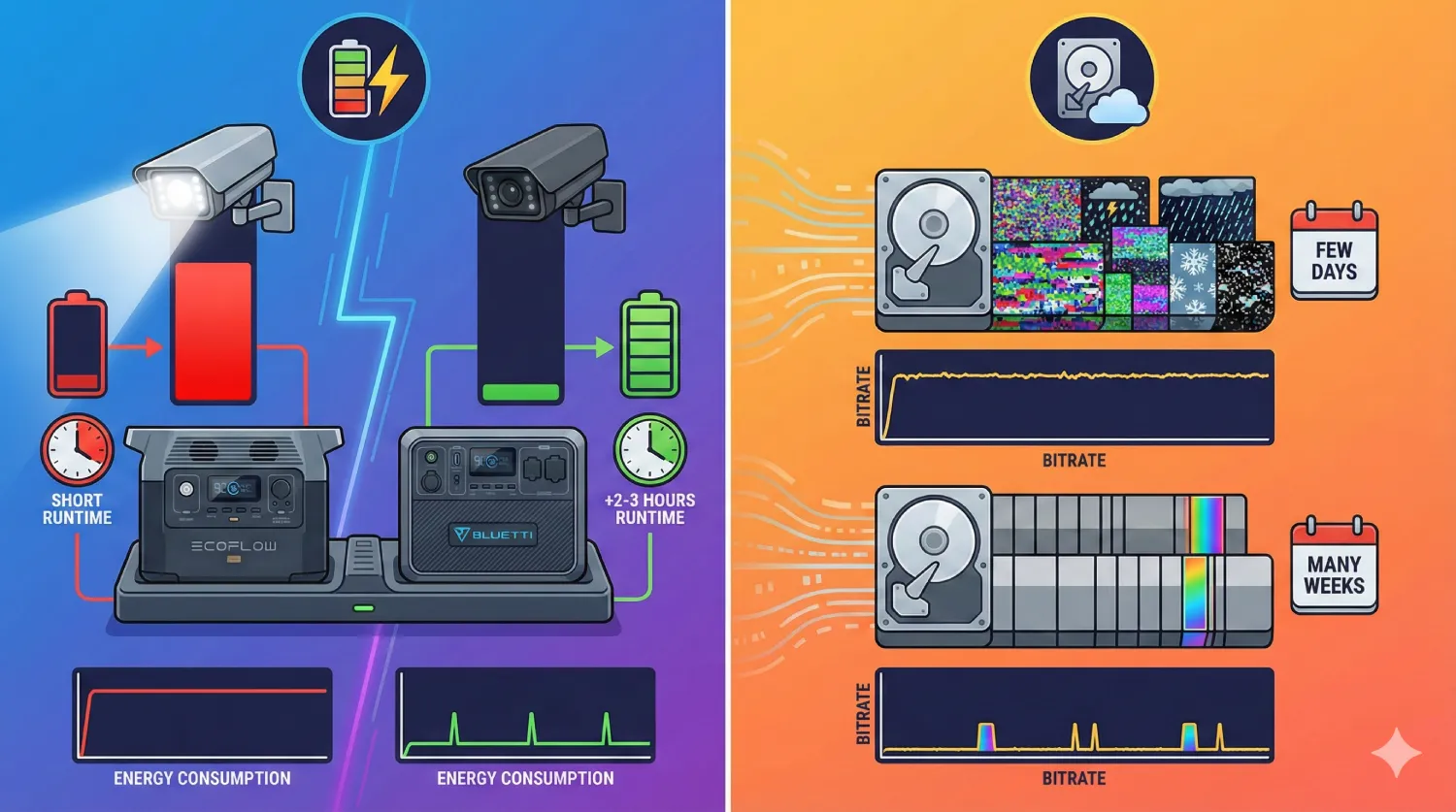 Інфографіка порівняння систем безпеки: зліва показано економію енергії при використанні портативних станцій (EcoFlow проти Bluetti), справа — оптимізацію бітрейту для збільшення терміну зберігання архіву на жорсткому диску