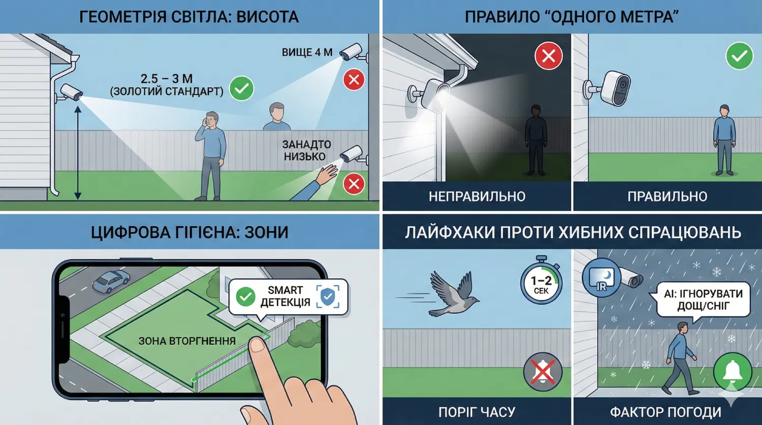 Інфографіка з правилами монтажу камер відеоспостереження: рекомендована висота установки (2.5–3 м), правило «одного метра» для підсвічування, налаштування зон вторгнення у смартфоні та використання AI для ігнорування опадів і птахів