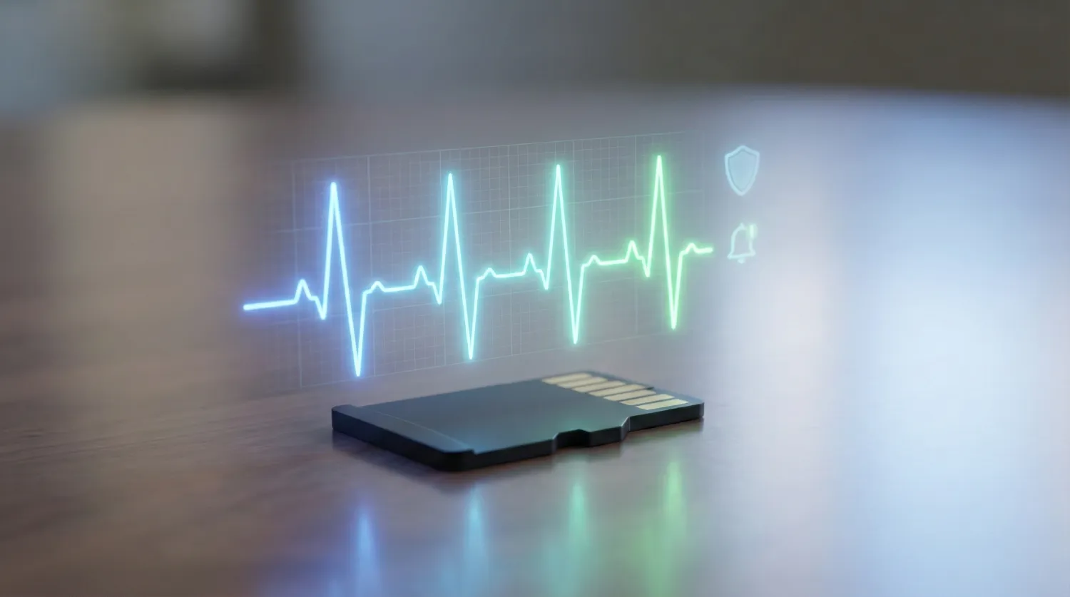 MicroSD карта памяти на глянцевой поверхности со стабильным голографическим графиком сердцебиения (ЭКГ) неонового голубого цвета, символизирующим мониторинг здоровья и надежную работу цифровой системы