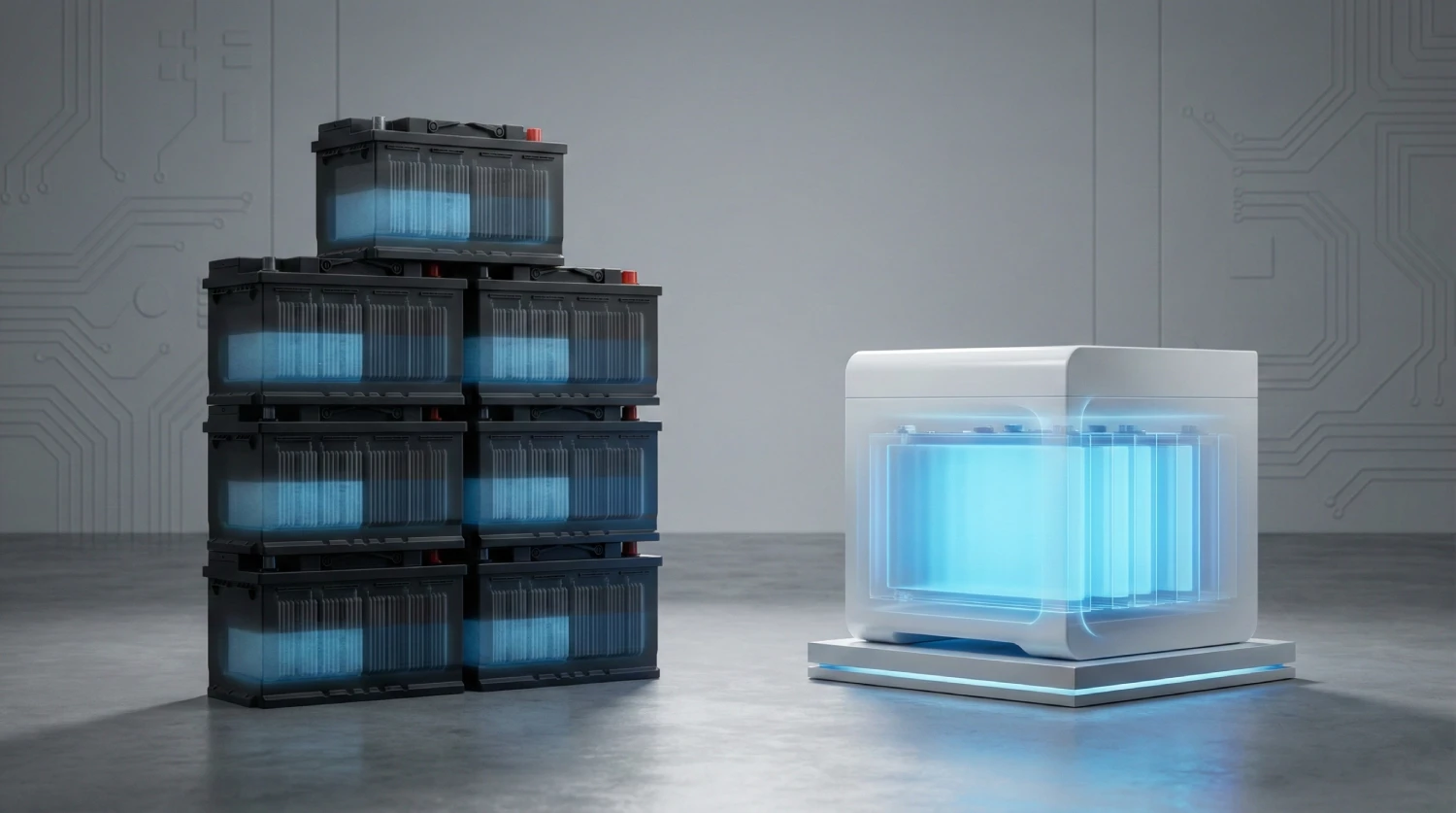 Порівняльна інфографіка економічної ефективності: один акумулятор LiFePO4 проти стопки з 7 батарей AGM. Візуалізація вартості володіння (TCO) та різниці в корисній ємності (100% у літію проти 50% у свинцю) на дистанції 10 років.