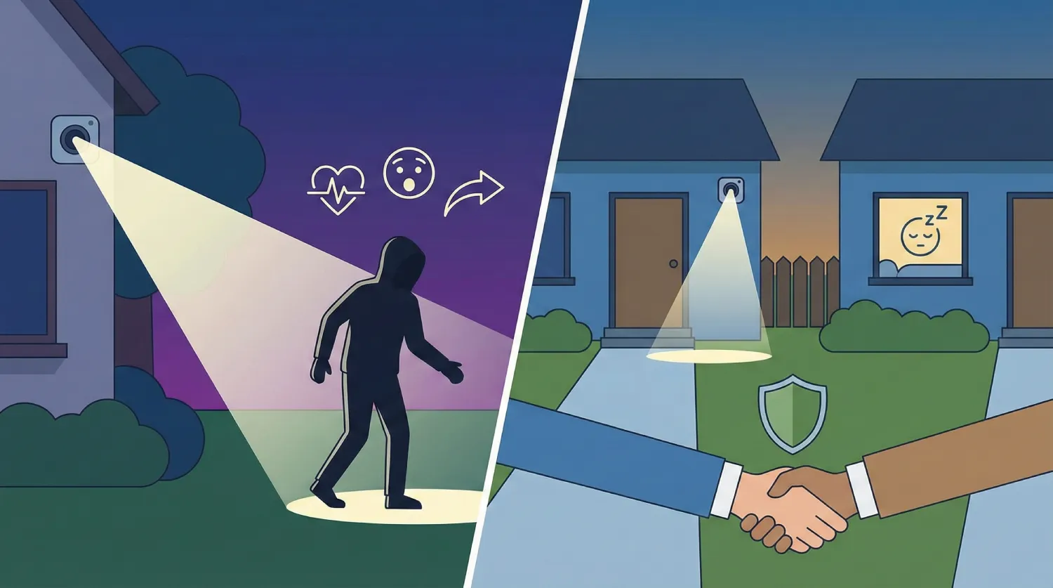 Ілюстрація переваг відеоспостереження: з одного боку камера виявляє зловмисника вночі, з іншого — символічне рукостискання на фоні мирних будинків як знак безпеки та сусідської довіри.