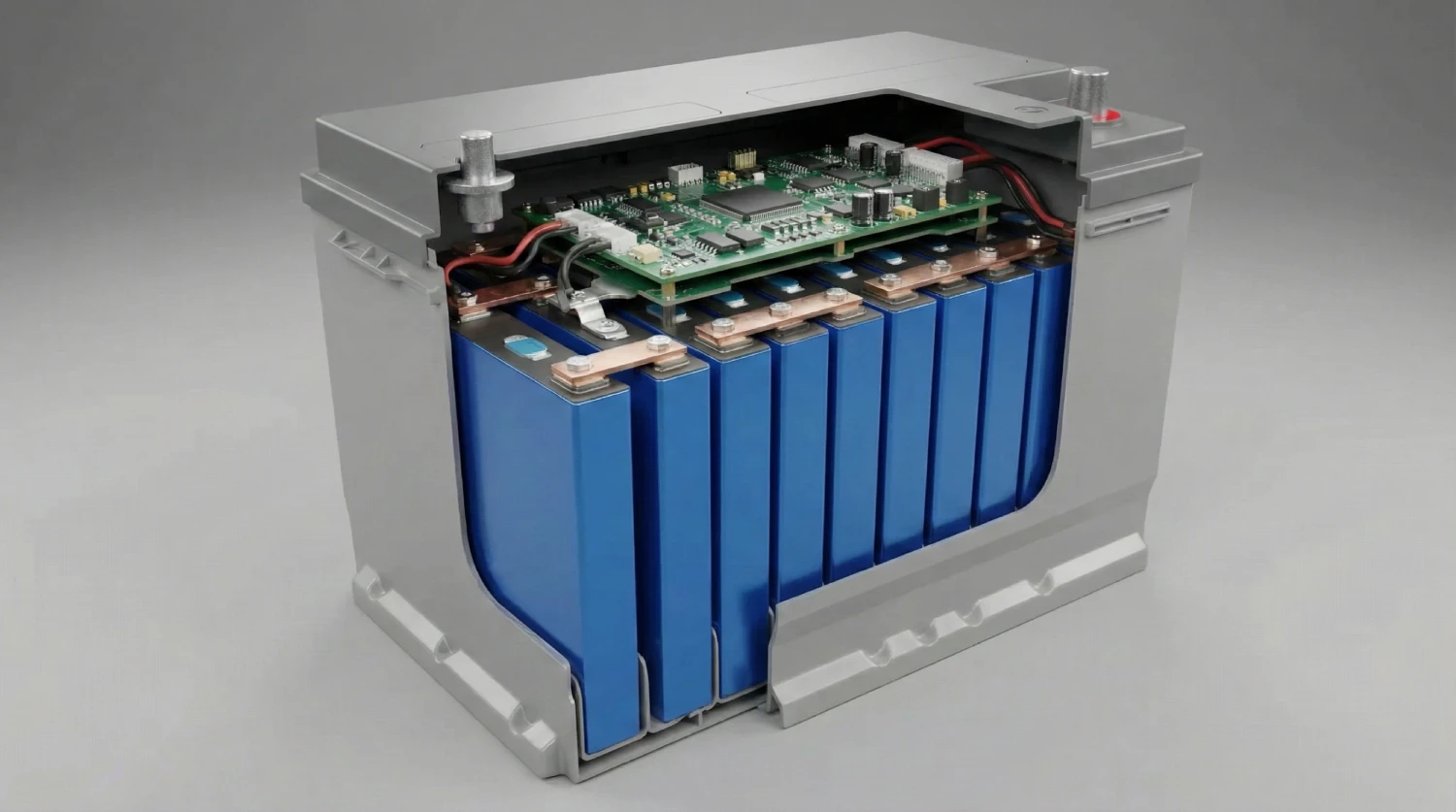 3D-технічна ілюстрація акумулятора LiFePO4 (літій-залізо-фосфат) у розрізі. Наочна демонстрація внутрішньої архітектури: блоки синіх призматичних осередків та вбудована електронна плата BMS для інтелектуального керування зарядом