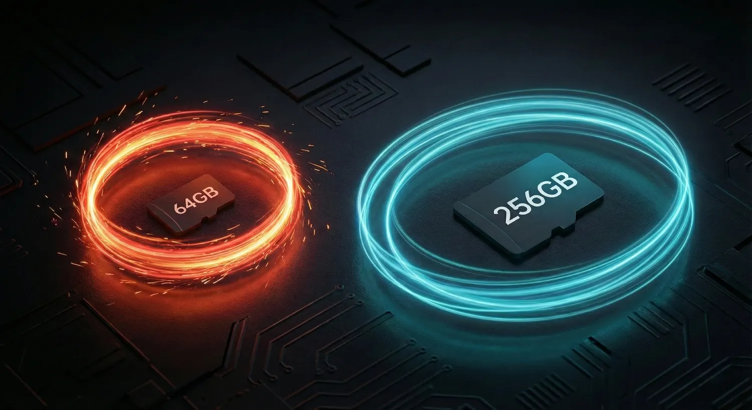 Визуализация влияния объема памяти на износ microSD: красная тесная орбита вокруг карты 64 ГБ символизирует критические частые перезаписи, а широкая синяя орбита вокруг 256 ГБ — распределенную нагрузку и долгий срок службы