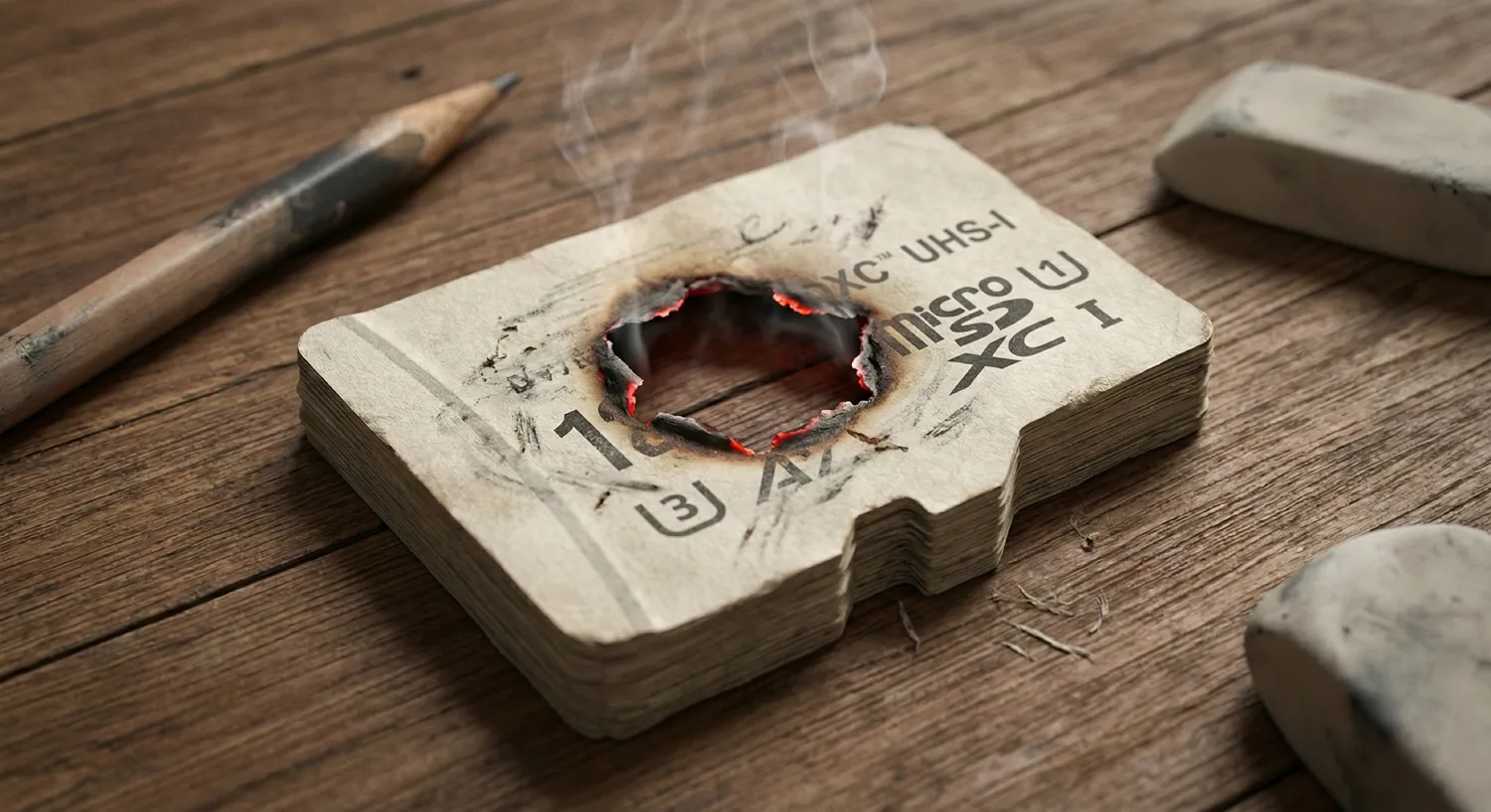 Визуализация физического износа карты памяти: microSD карта в виде бумажного блокнота с прогоревшей насквозь дырой от постоянной циклической перезаписи в камере видеонаблюдения