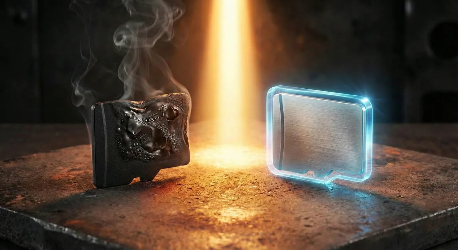 Визуальное сравнение термостойкости карт памяти для видеонаблюдения: обычная microSD плавится от перегрева, а карта High Endurance остается неповрежденной под нагрузкой