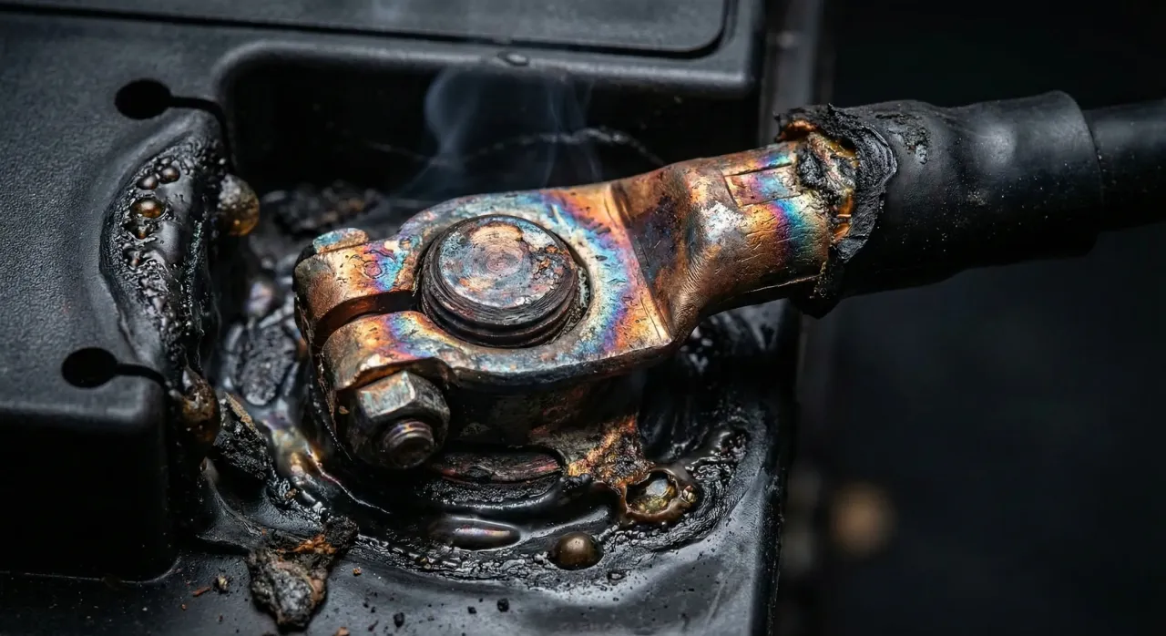 Фото оплавленої клеми акумулятора через поганий контакт та перегрів. Приклад наслідків порушення правил експлуатації та техніки безпеки при заряджанні АКБ.