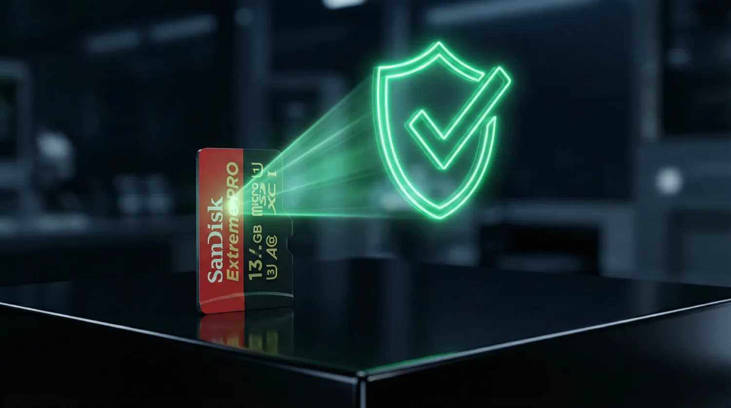 Вертикально установленная MicroSD карта на темной глянцевой поверхности, которую сканирует зеленый световой луч, проектируя над ней неоновый символ щита с галочкой как подтверждение оригинальности и официальной гарантии