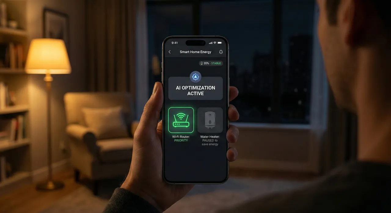 Інтерфейс системи розумного енергоменеджменту (HEMS) на планшеті, що демонструє роботу протоколу Matter 1.4 та AI-оптимізацію споживання енергії від акумуляторів і сонячних панелей.
