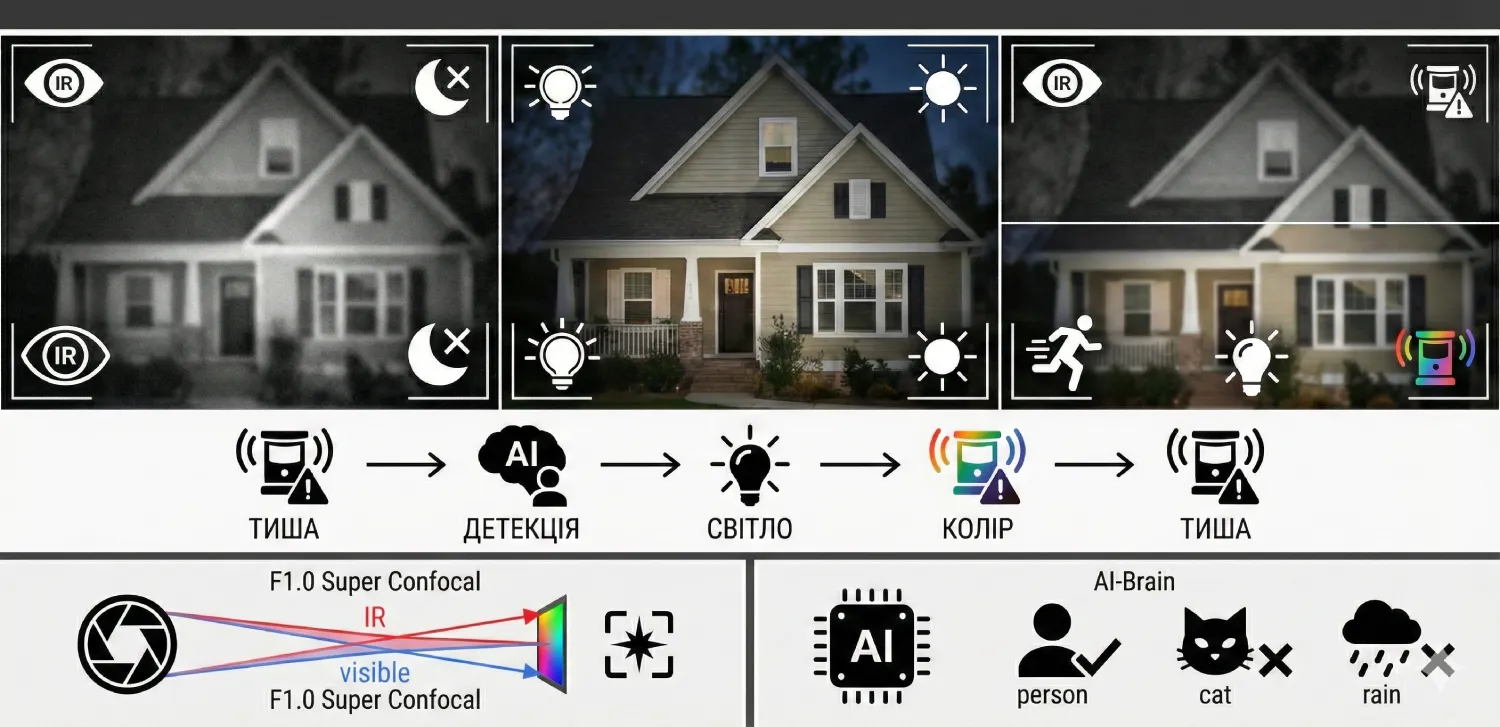 Інфографіка роботи розумного підсвічування камери відеоспостереження