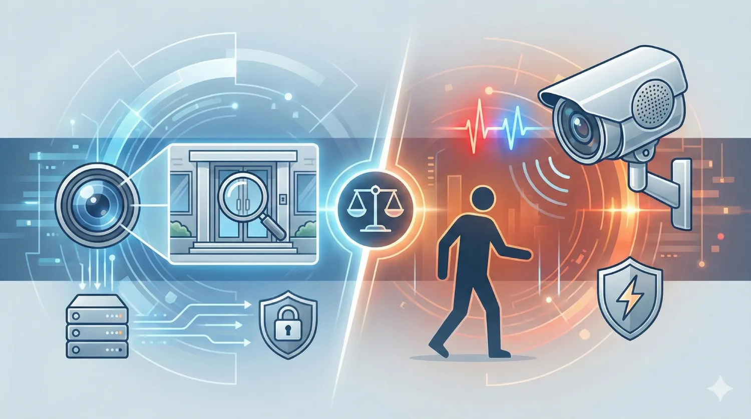 Концептуальна ілюстрація системи відеоаналітики: зліва — цифрова обробка даних, сервер та захист об'єкта; справа — активна камера спостереження, що виявляє рух людини та балансує між приватністю та безпекою