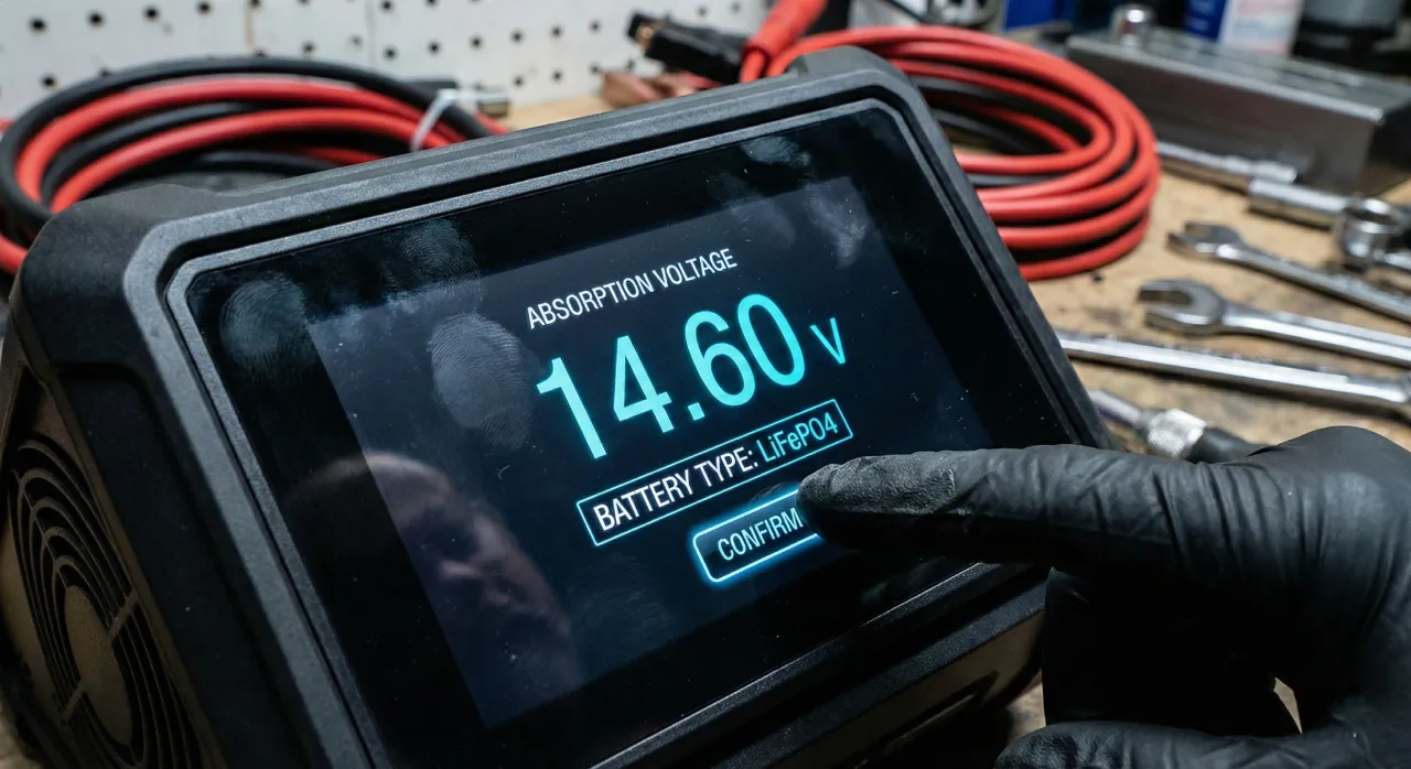 Детальна таблиця налаштувань напруги заряду (Absorption) та підтримки (Float) для акумуляторів LiFePO4, AGM та GEL у системах 12В, 24В та 48В. Технічний мануал для налаштування інверторів.