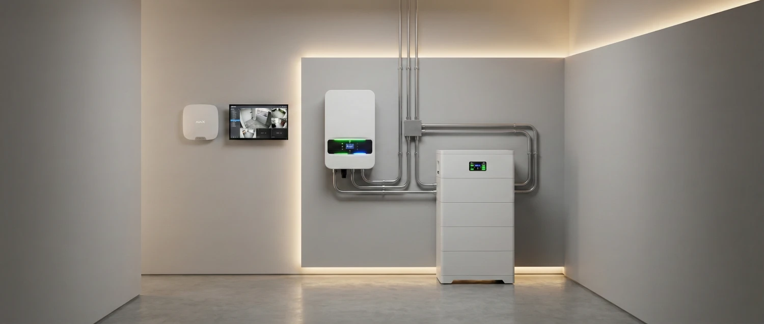 Фото готової екосистеми енергонезалежності від pipl.ua: професійний монтаж гібридного інвертора, акумуляторної стійки LiFePO4 та інтегрованої системи безпеки Ajax із відеоспостереженням.