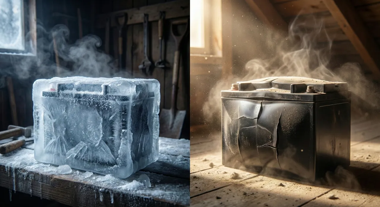 Графік впливу температури на акумулятори: критична межа 0&deg;C для зарядки LiFePO4, термокомпенсація для AGM/GEL та оптимальний діапазон експлуатації від +10&deg;C до +30&deg;C.