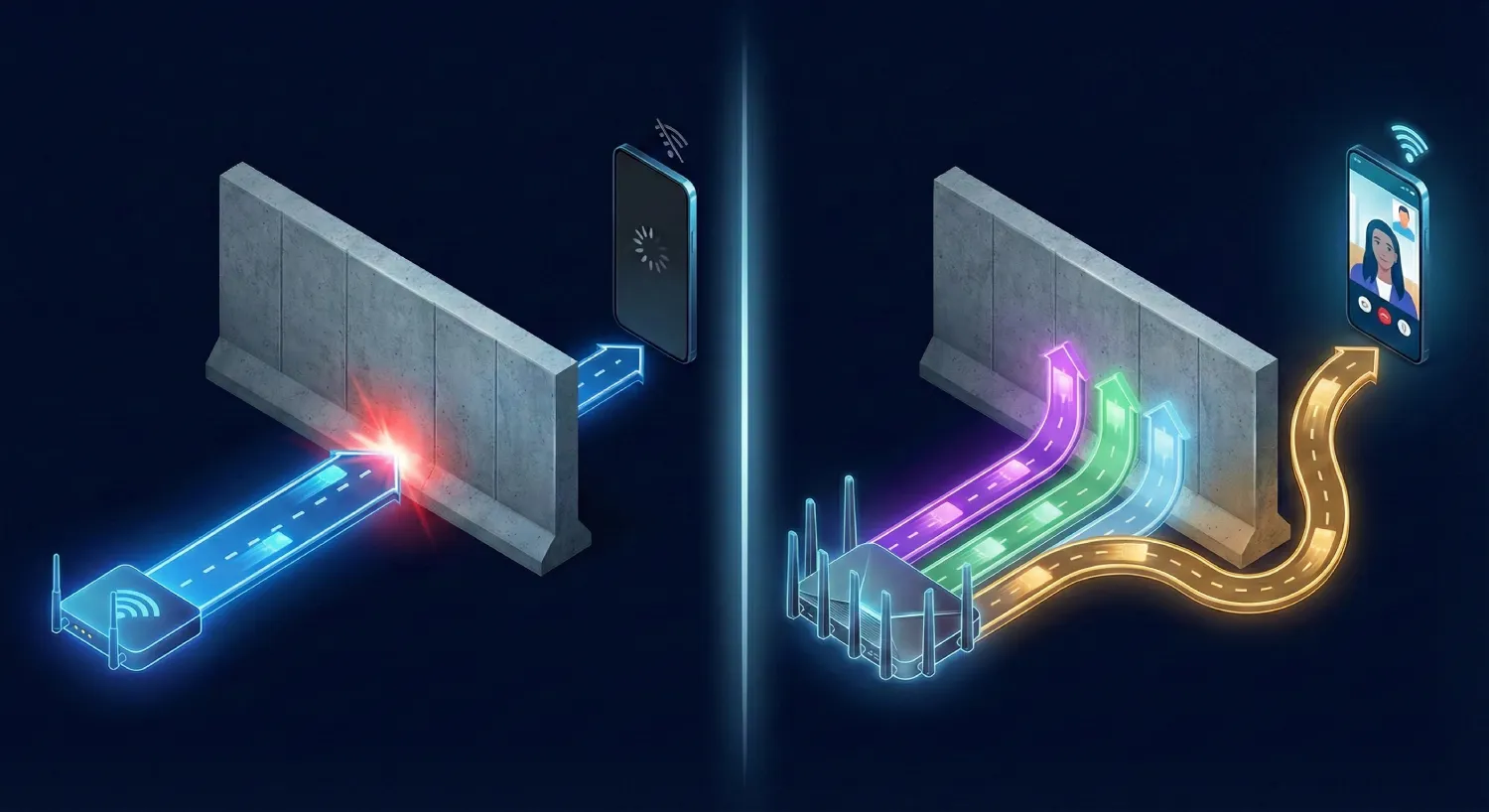 Інфографіка: Порівняння блокування одного Wi-Fi сигналу стіною та обходу перешкоди технологією Wi-Fi 7 MLO