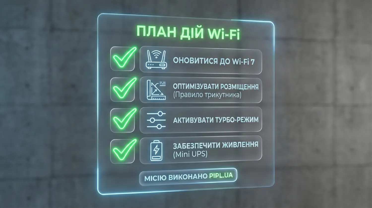 Голографічний чек-лист &laquo;План дій Wi-Fi&raquo;: 4 кроки для покращення інтернету (оновлення, розміщення, налаштування, живлення).