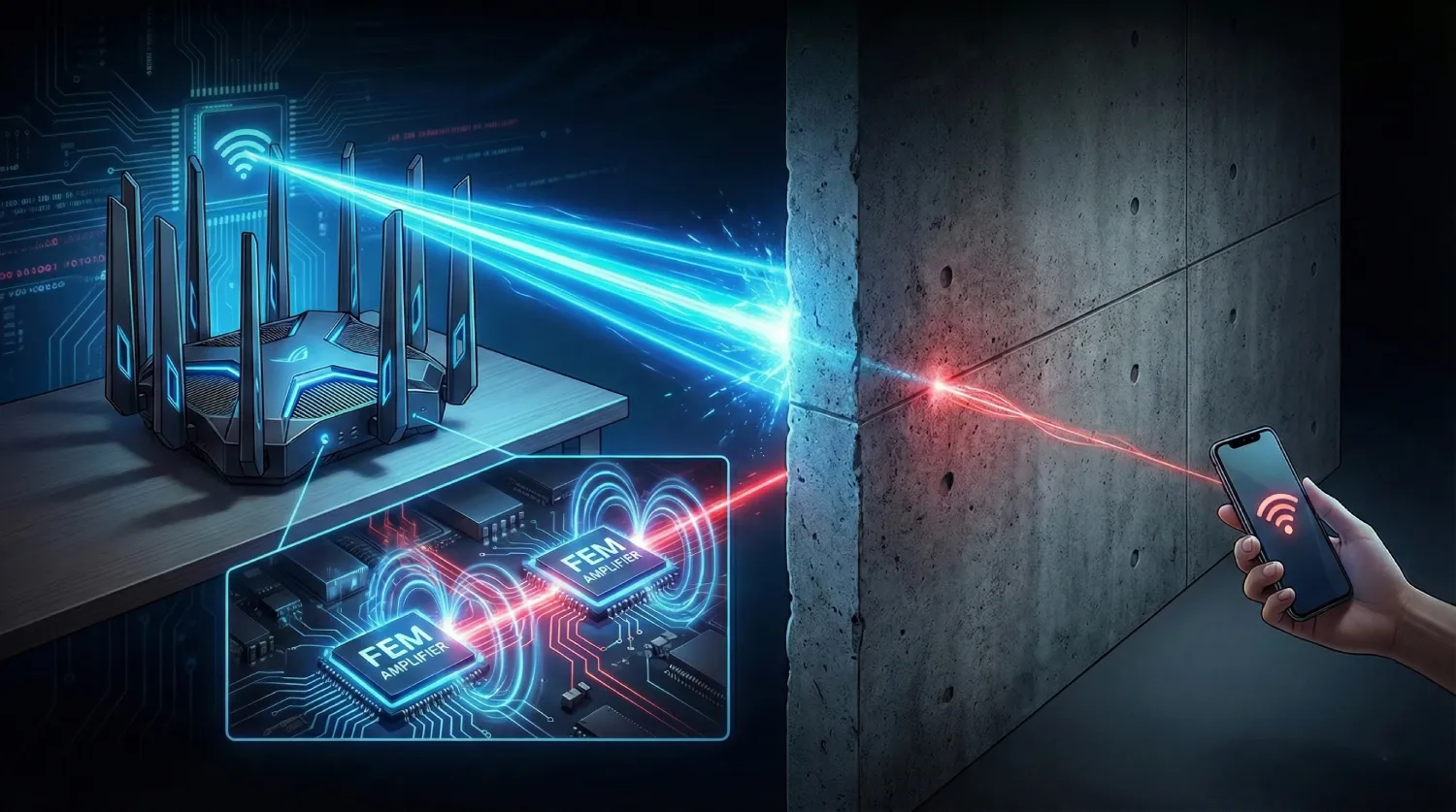 Схема роботи FEM-модулів: підсилення слабкого Wi-Fi сигналу від смартфона крізь бетонну стіну.