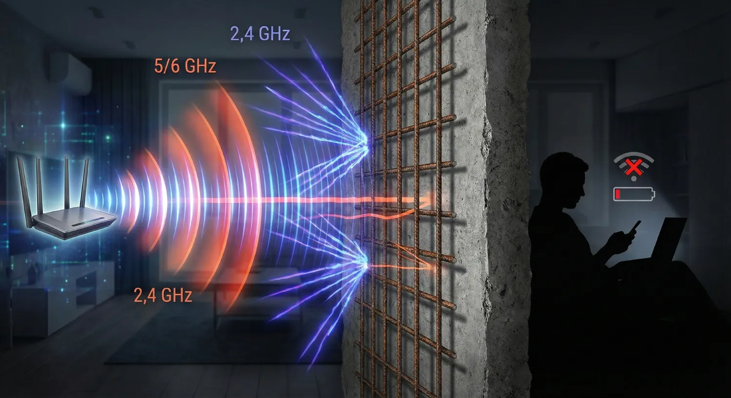 Схема блокування та відбиття Wi-Fi сигналу арматурою в залізобетонній стіні