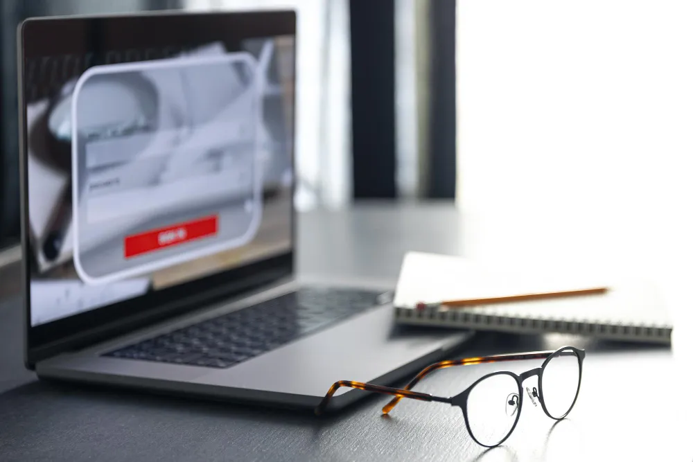 Робоче місце в офісі з ноутбуком та окулярами, що ілюструє захист приватності співробітників, налаштування Privacy Masking та дотримання політики чистого екрана