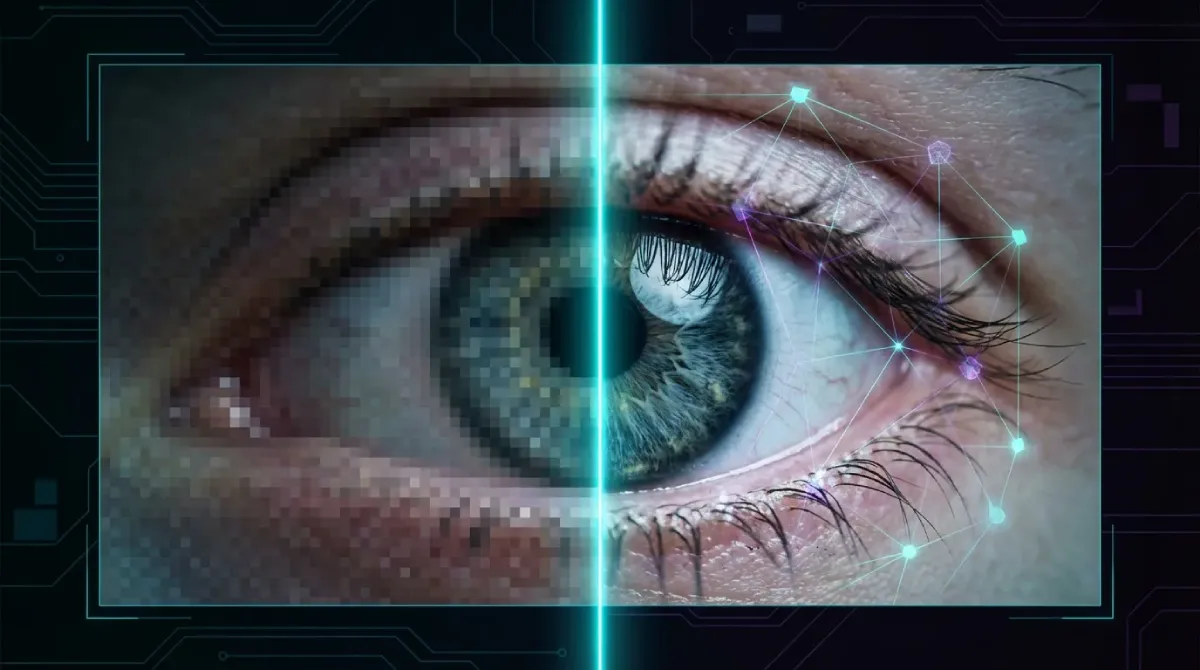 Порівняння піксельного зображення та результату роботи AI Super-resolution: нейромережа реконструює деталі людського ока у відеоспостереженні 2026 року.