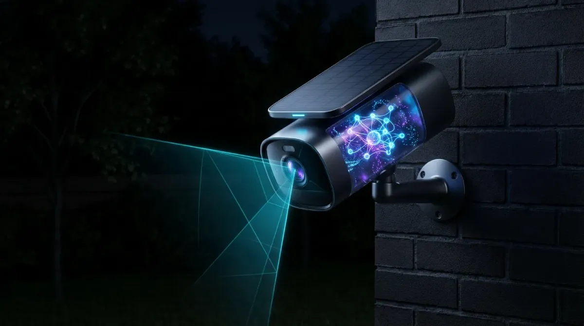 Автономна смарт-камера з вбудованим нейронним процесором (NPU) та сонячною панеллю: візуалізація технології Edge AI для обробки відео та прийняття рішень без підключення до інтернету.