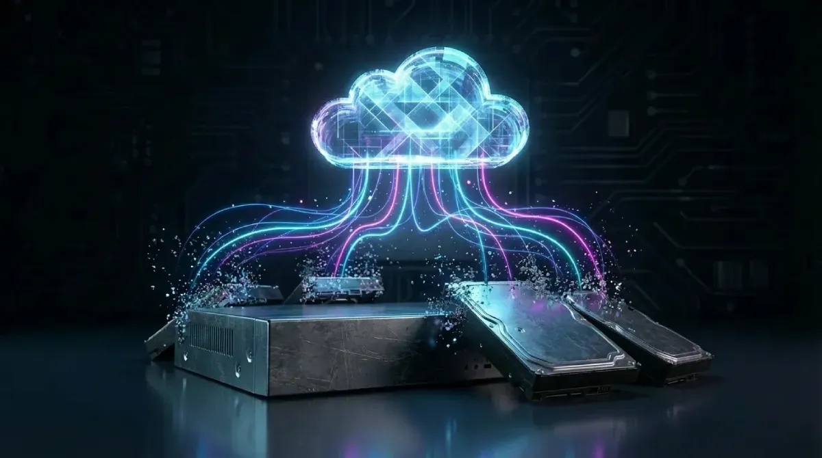 Візуалізація трансформації традиційних систем: фізичний відеореєстратор (NVR) та жорсткі диски (HDD) розпадаються, переходячи в захищену хмару VSaaS — символ еволюції зберігання даних у 2026 році.