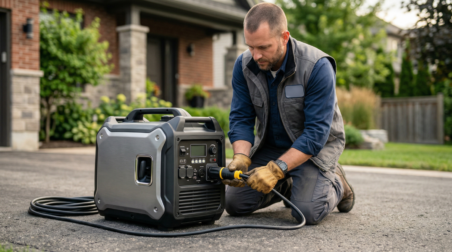 Подключение компактного инверторного генератора, обеспечивающего чистую синусоиду для безопасной зарядки гибридного инвертора и литиевых аккумуляторов.